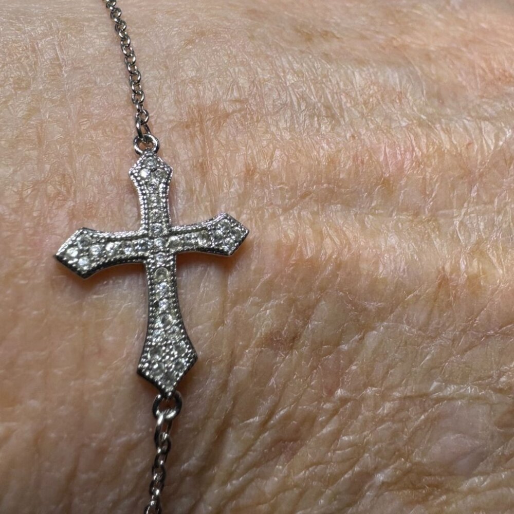 Vintage Cross Bracelet Sideways Sterling Silver Clear Stones  1/2"